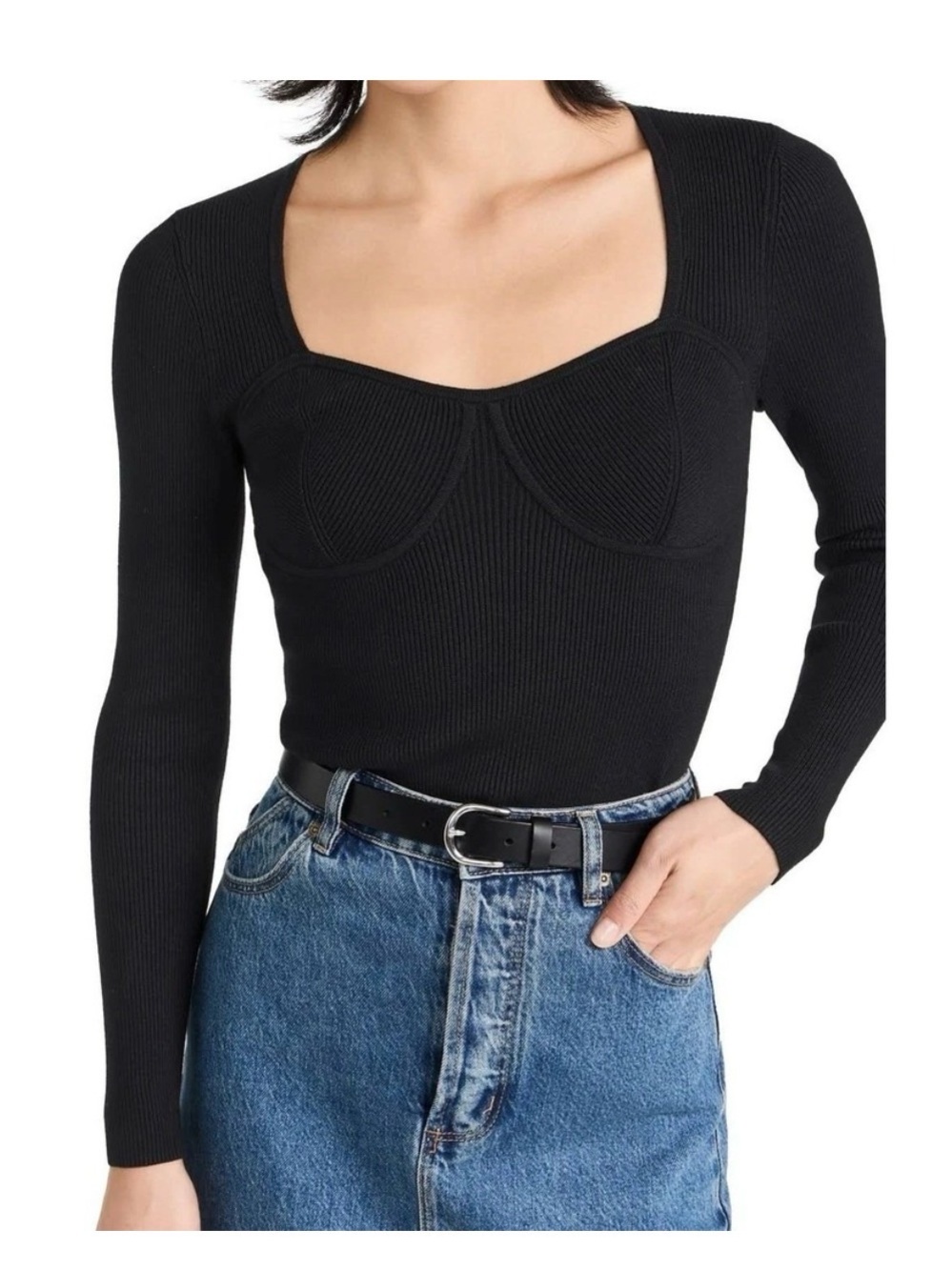 Madewell Black Ribbed Sweetheart-Neck Long-Sleeve Top